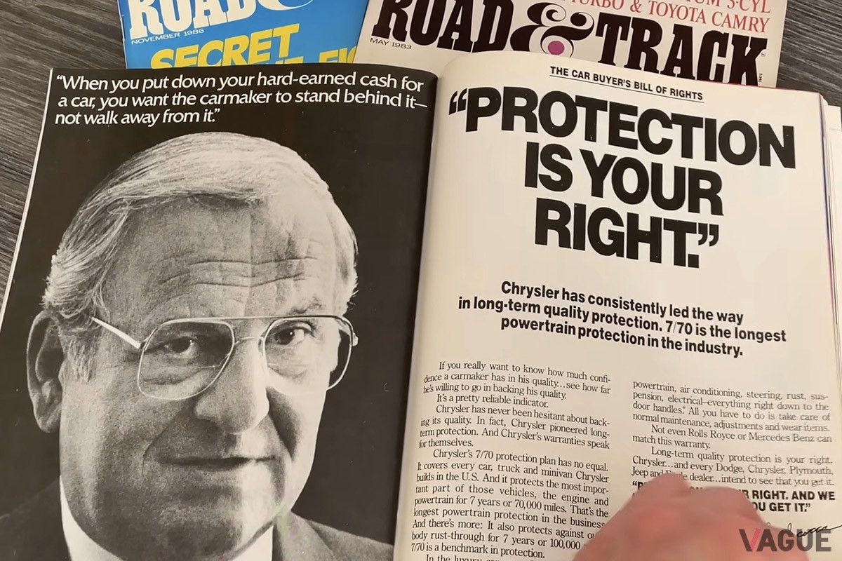 1980年代の『Road＆Track』誌における当時のCEOリー・アイアコッカさんの記事。（C）YouTube『Four Eyes』