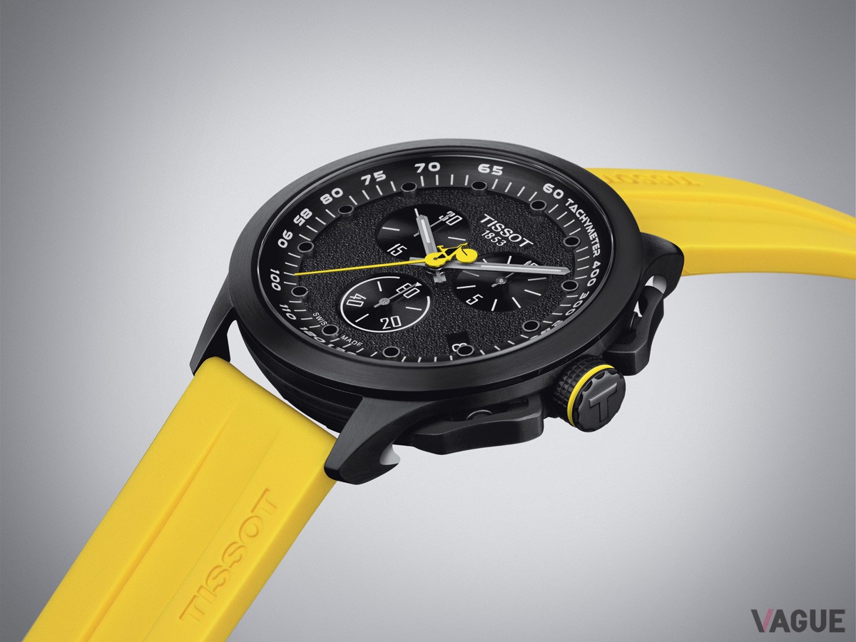 イエローを基調にした「TISSOT T-レース サイクリング ツール・ド・フランス 2023」。ダイヤルには2時位置に1/10秒カウンター、4時位置にカレンダー表示、6時位置にスモールセコンド、10時位置に30分積算計を備える