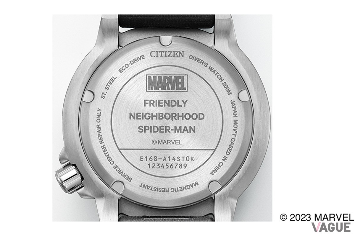 「スパイダーマン（BN0250-07L）」のケースバックには『FRIENDLY NEIGHBORHOOD SPIDER-MAN』の特別刻印が施されます
