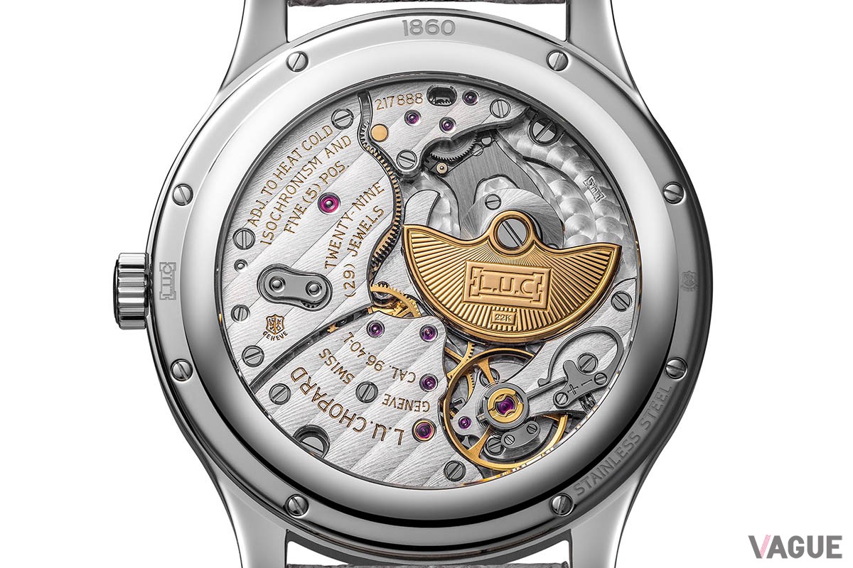 「L. U. C 1860」に搭載される自動巻きムーブメント「L. U. C 96.40-L」。竜頭側にジュネーブ・シールの刻印が入っている
