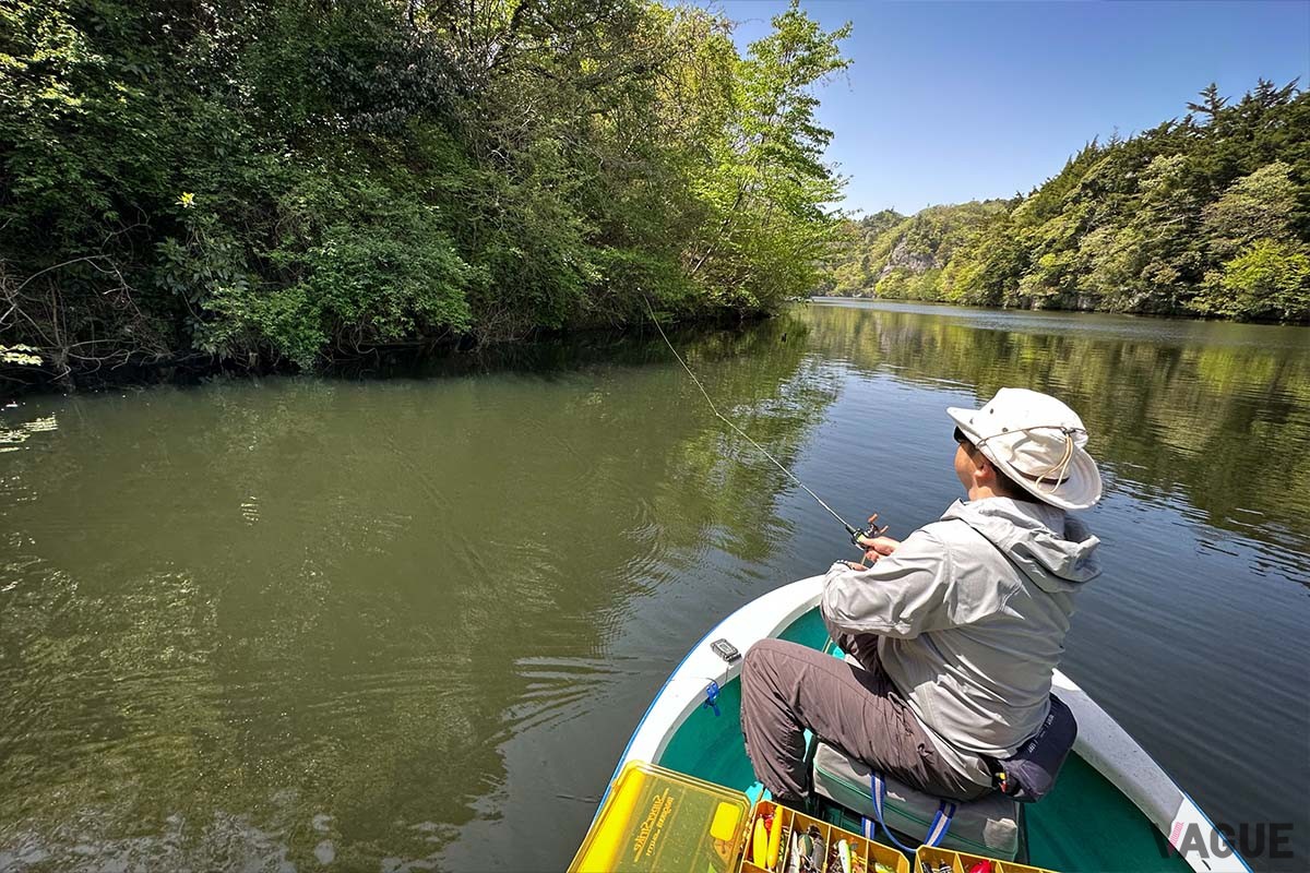 オーバーハングの下の水面へピンポイントで正確なキャストを決めていきます