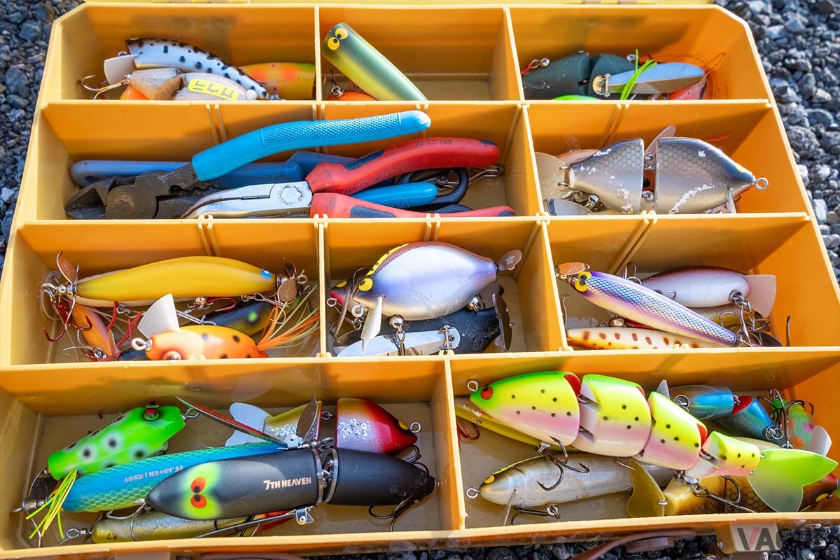 達人のタックルボックスをのぞくのも釣りの楽しみです。青芳さんのボックスには、当然ながらガウラクラフトのプラグがぎっしり。トーナメントでも通用する実力ですが、どれもユニークなフォルムで見飽きません