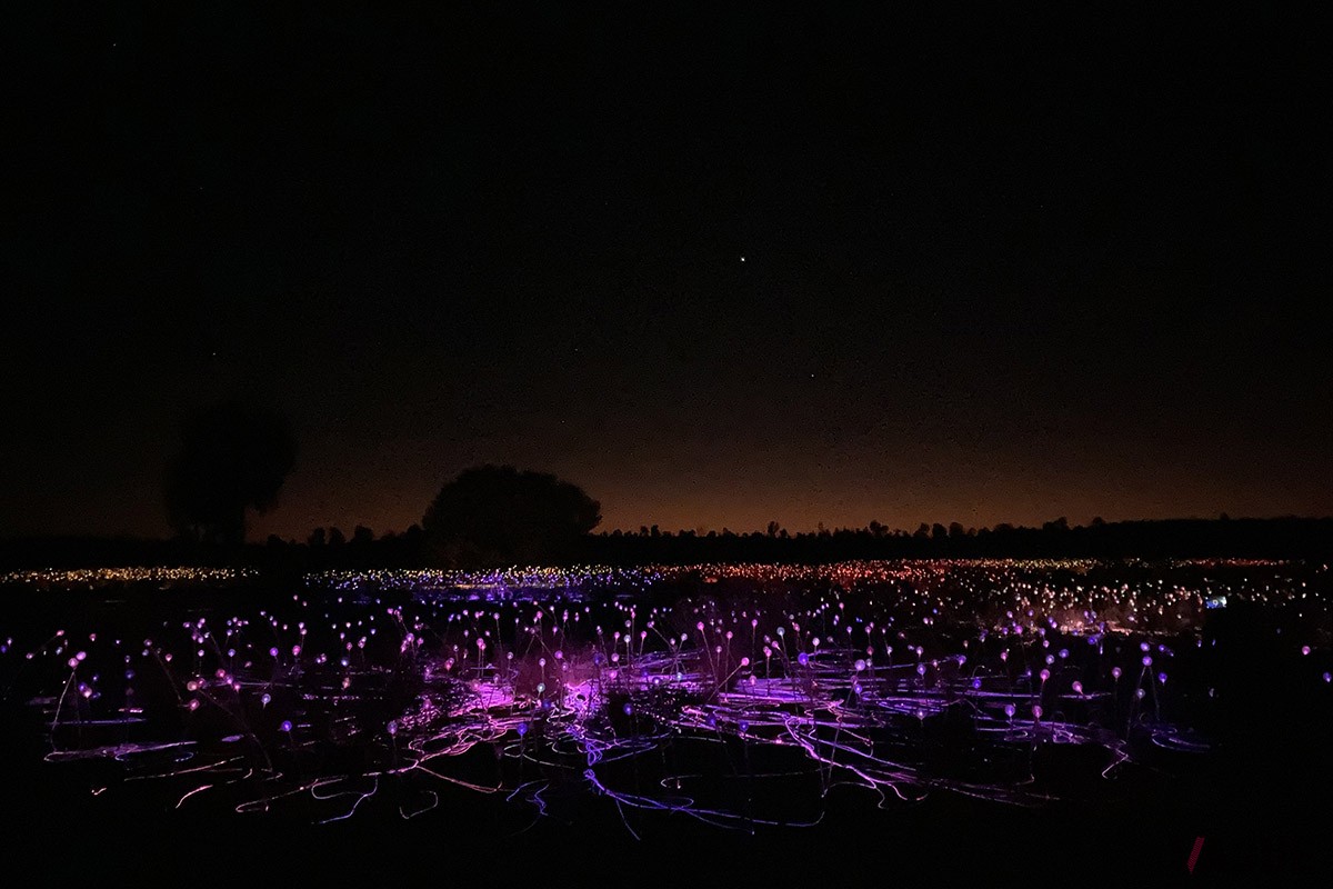 エアーズロックリゾート内に設置された、5万個の球体ガラスが揺れるイルミネーション「フィールド・オブ・ライト」。サンライズ前とサンセット後に鑑賞可能。