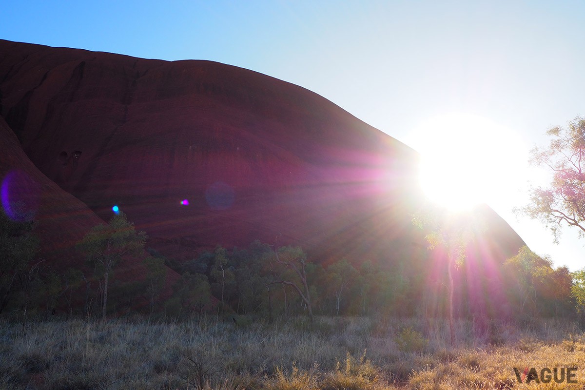 セグウェイツアーでは、ウルルのすぐそばにある遊歩道を走行。朝日とウルルの競演を堪能できる。