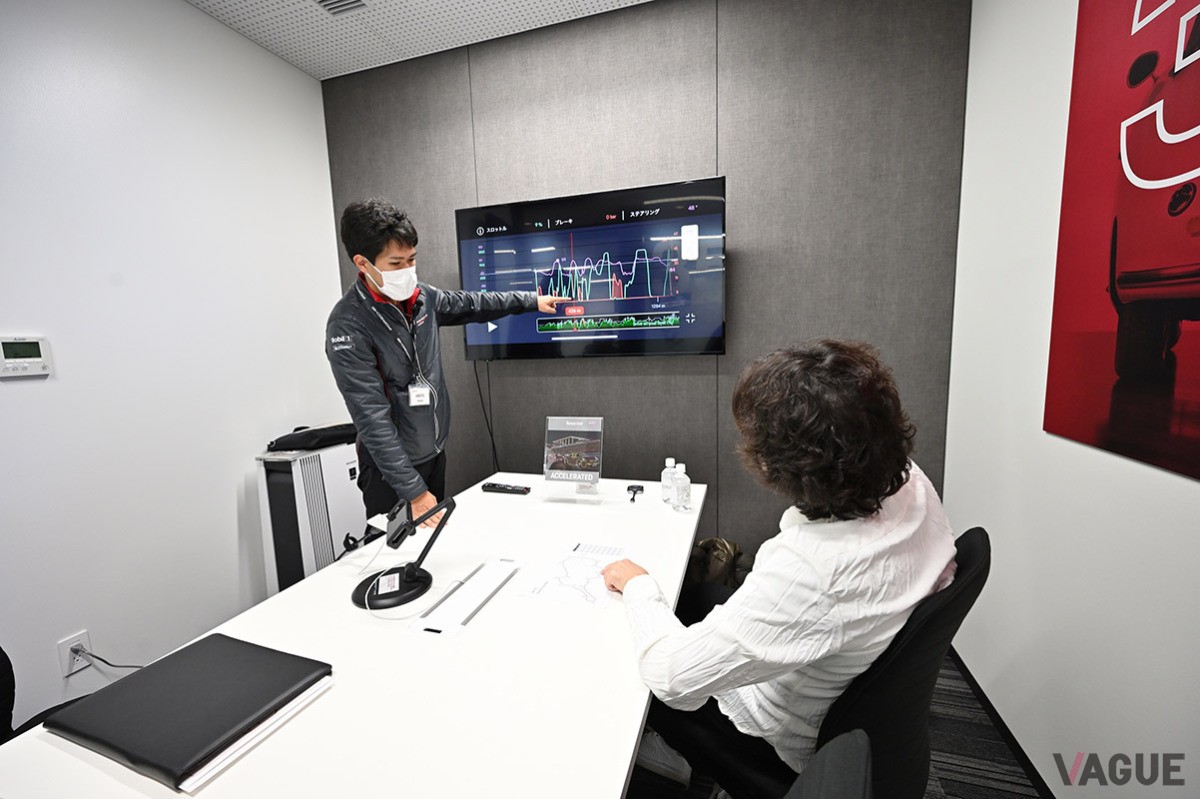 すべての走行を終えたら専用ミーティングルームで各種データを確認。動画を見ながらの解説はとても理解しやすく、ドライビングの正確性も高まる