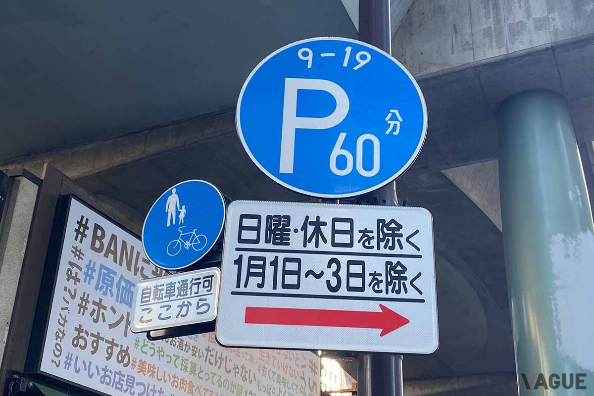 パーキングメーターの標識。稼働時間外の駐車が禁止にならない区間もある