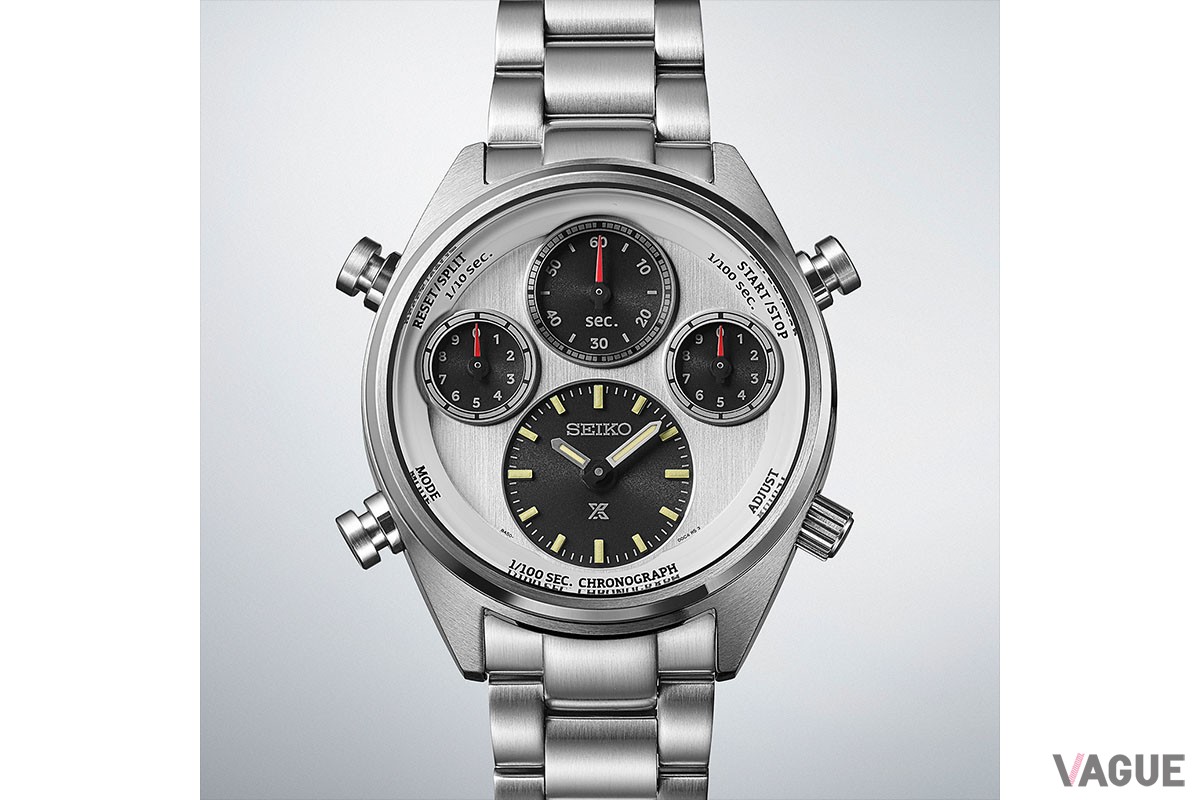 ＜セイコー プロスペックス＞の「スピードタイマー　SBER009」は、時刻表示と積算表示を完全に独立させて視認性を高めたダイヤル配置が特徴のソーラークロノグラフ。初代「ローレル」の赤をストップウオッチの針に採用し、「スピードタイマー ソーラークロノグラフ1/100秒計測」では初となるレザーストラップが付属することも見逃せません