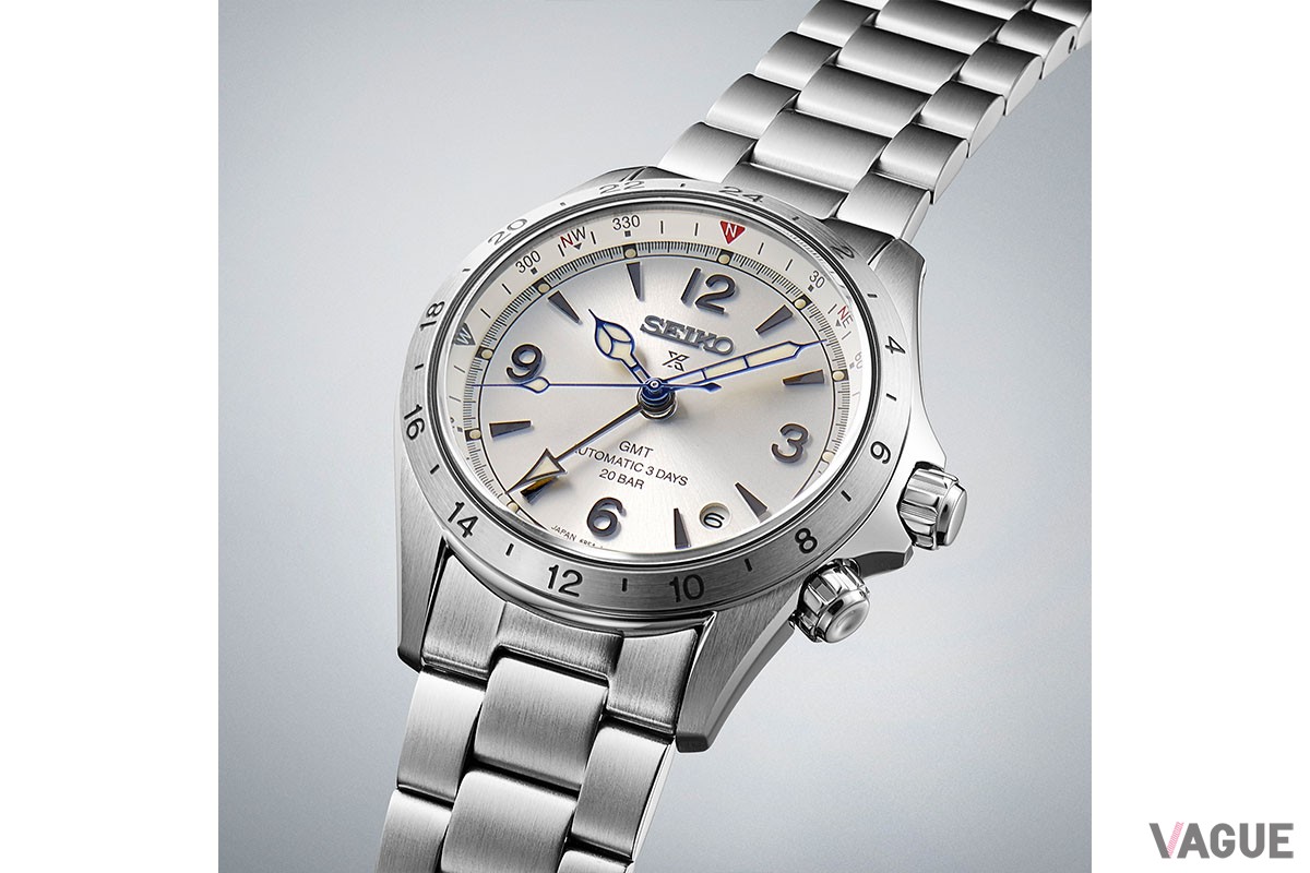 ＜セイコー プロスペックス＞の「アルピニスト　SBEJ017」は、キャリバー6R54を搭載した、約3日間（約72時間）ものパワーリザーブを有するGMTウオッチ。太陽の向きと針で方角を知ることのできる内転リングには、初代「ローレル」の意匠である赤いマークを配しています