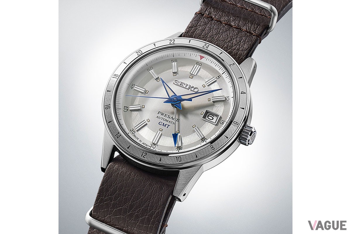 ＜セイコー プレザージュ＞の「Style60's　SARY233」は、時代を超えて愛されるセイコーのヴィンテージスタイルを、現代の感性と技術で表現したシリーズ。GMTモデルをベースとした本作は、12時位置の赤いマーキング、ベゼルの繊細なデザインの数字が印象的
