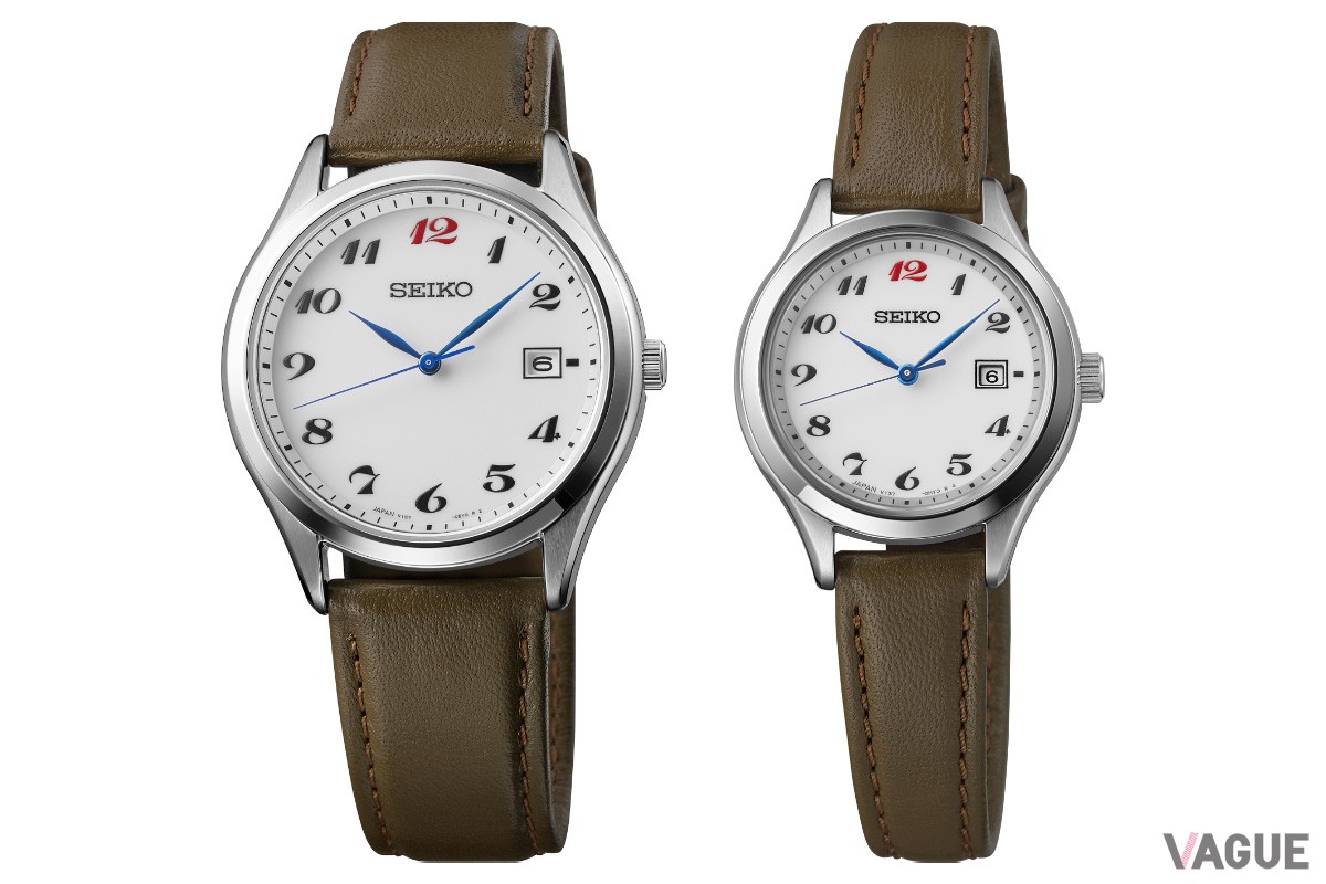 シンプルなソーラーウオッチの＜セイコーセレクション＞「SBPX149」（写真左）と「STPX099」（写真右）は、ホワイトダイヤルに赤の差し色を施したシンプルなデザインが目を惹きます。文字が肉盛り印刷で立体的に表現され、美しさと読み取りやすさを両立させた使い勝手のよい仕上がりです