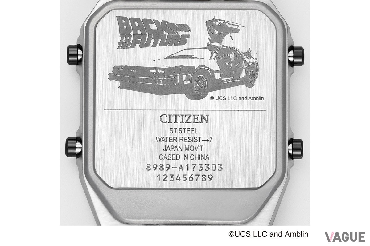 「バック・トゥ・ザ・フューチャーモデル」のケースバックにはタイムマシン（＝デロリアン）が描かれます