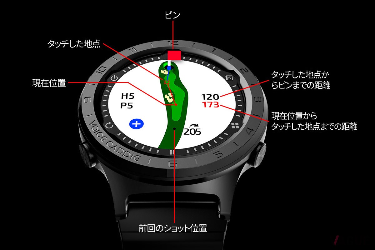 コースビュー画面の拡大や2グリーン表示切り替えが可能となり、コース攻略がより簡単になったボイスキャディの腕時計型ゴルフナビ「A3」