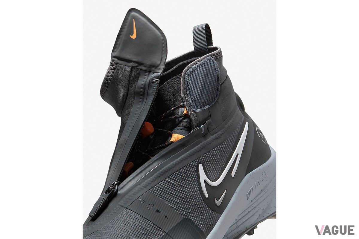 シューレース部を覆うアッパーデザインにより、靴内部への雨水の浸入をしっかり防ぐナイキの新作ゴルフシューズ「エア ズーム インフィニティ ツアー ネクスト％ シールド」