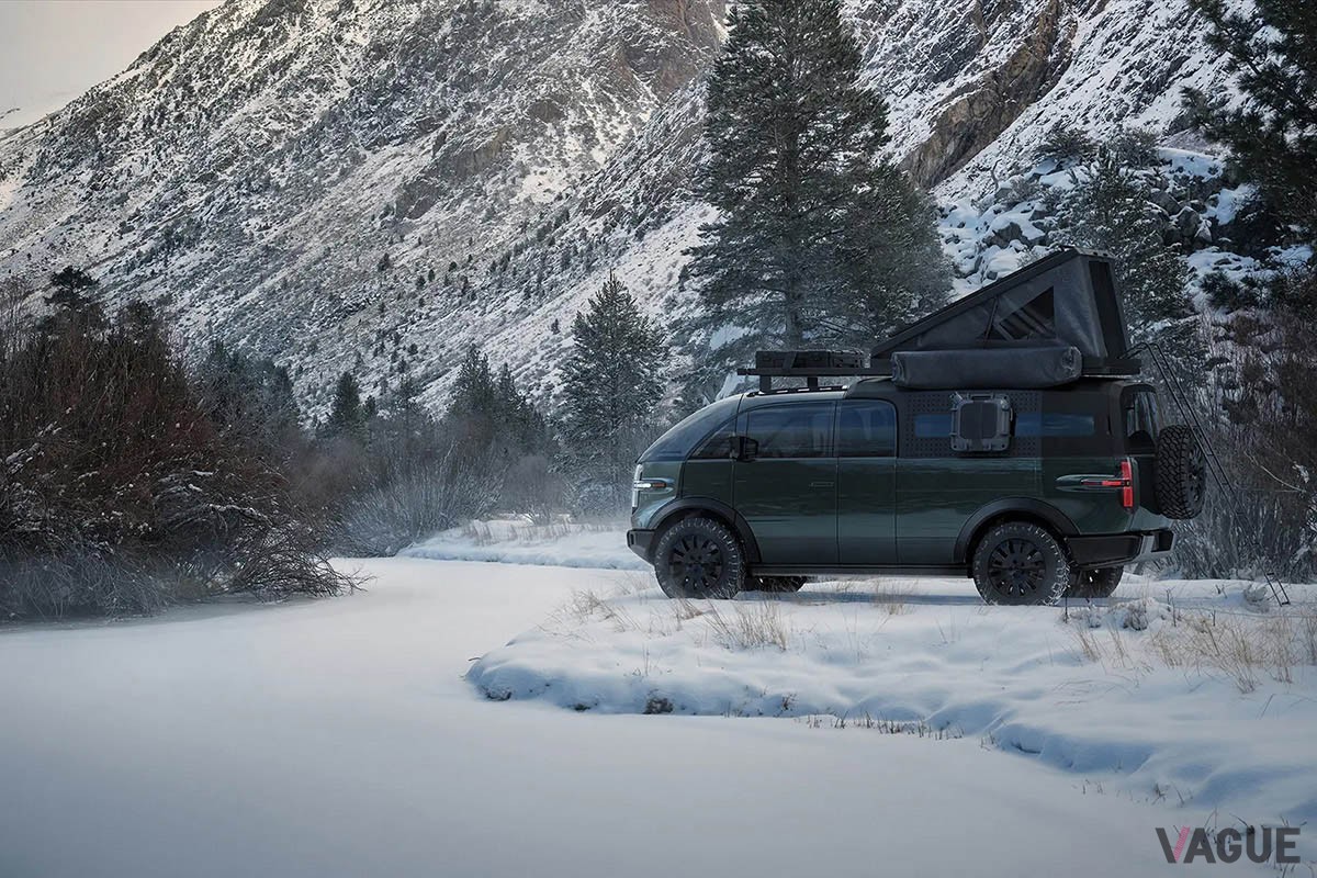 「ピックアップ」の荷台部分にキャビンを設け、ルーフトップテントを備えたキャンパー仕様も提案（C）CANOO