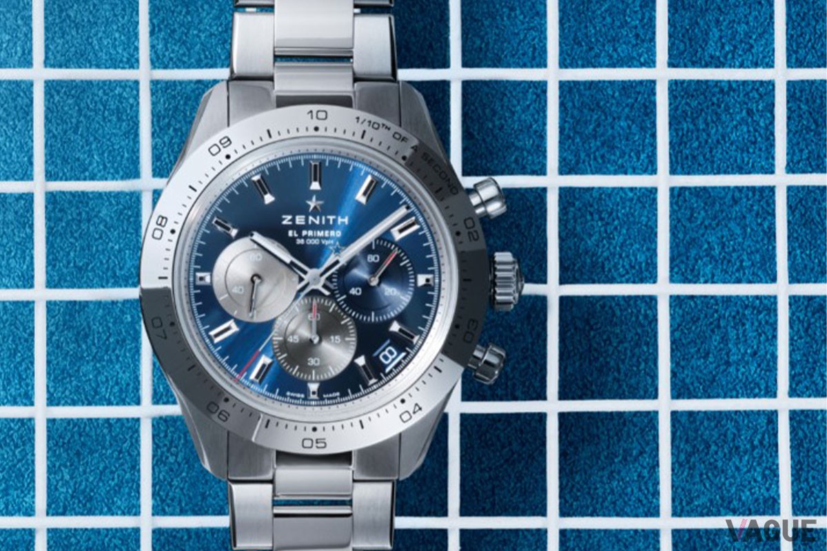 クロノマスター スポーツのアイコンである3色文字盤、ポンプ型のプッシュボタンがメタリックブルーの文字盤に映える「クロノマスター スポーツ ブルー」