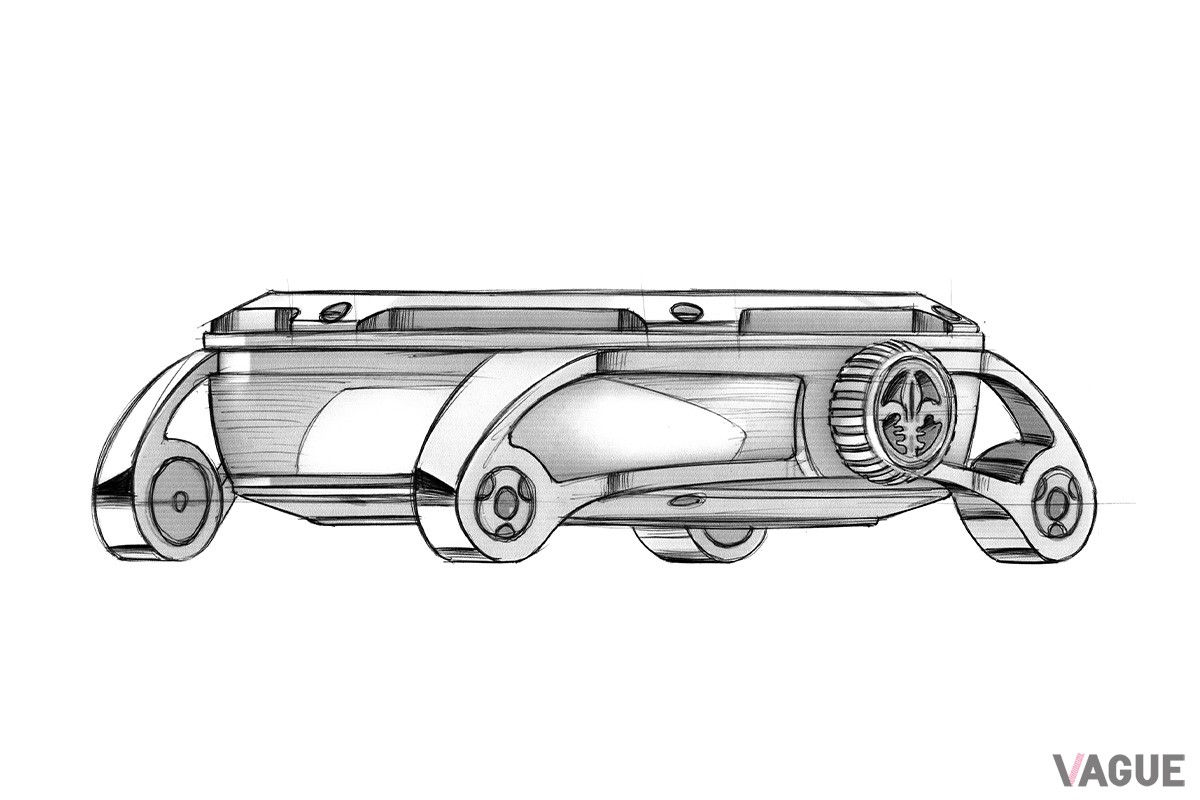 「ネオ・ケース」と名づけられた、立体的なケースとベゼル。ラグは横方向にくり抜かれたオープンワーク仕様となっています