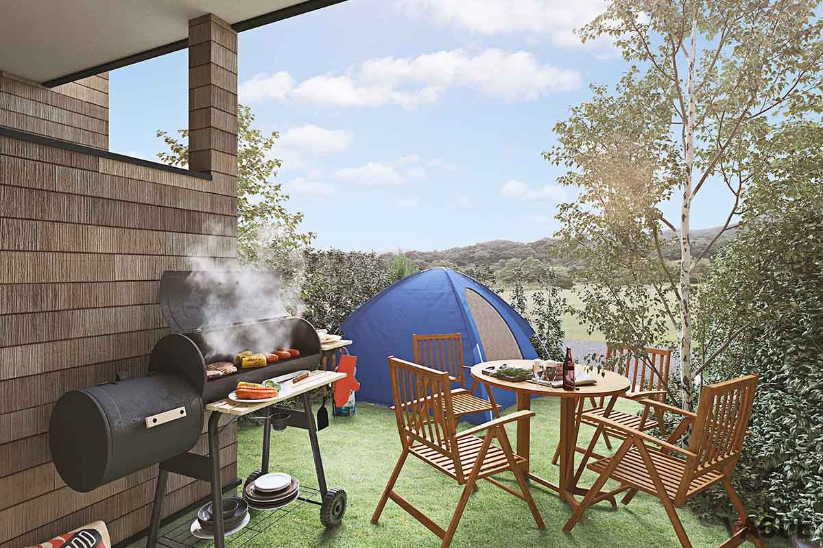 各部屋の庭ではBBQやグランピング体験などを味わえる