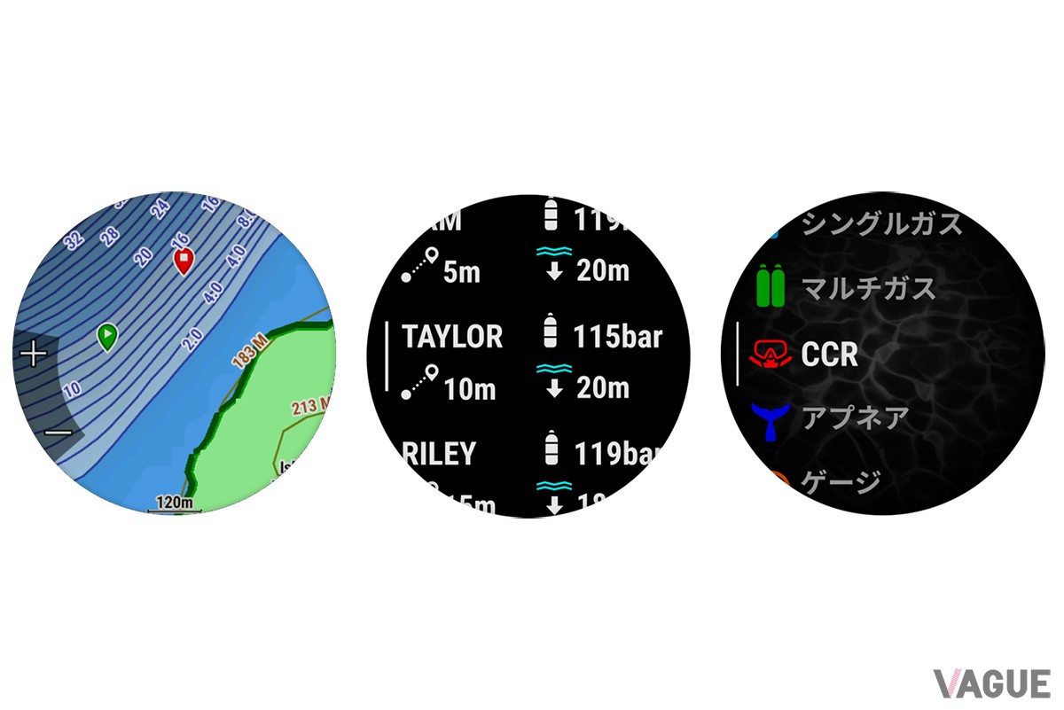 左から、ダイブビューマップ、ダイバーポジション、ダイブアクティビティ