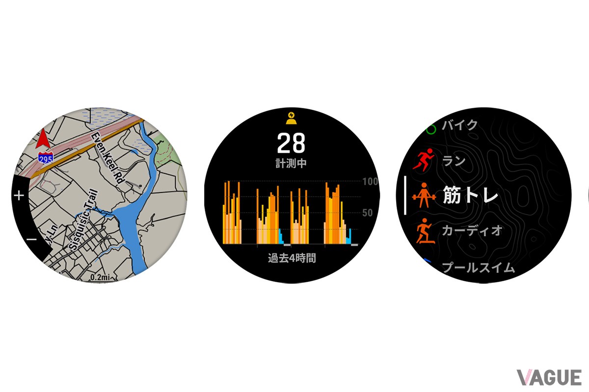 左から、地図、ストレスレベル、スポーツアクティビティ。ダイビングに限らず普段使いでも万能なスマートウォッチとして活躍