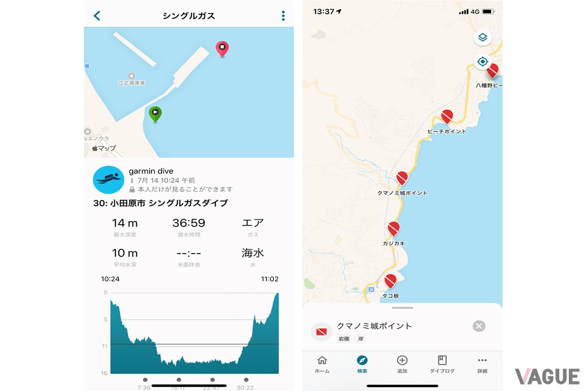 アプリ「GARMIN DIVE APP」の画面一例。潜水データの記録の確認や共有のほか、ダイビングポイントのレビューや人気ポイントの情報なども知ることができる