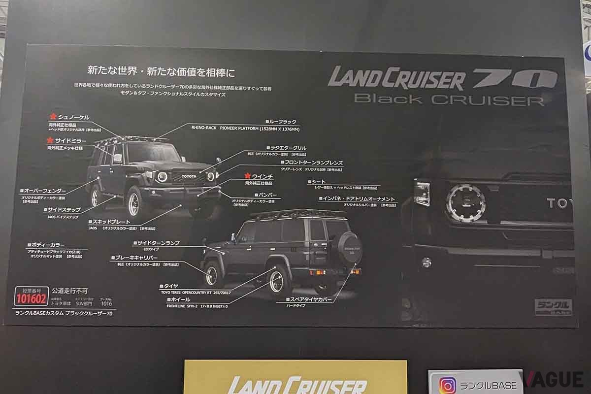 東京オートサロン2024トヨタ車体ブースに参考出品された「ブラッククルーザー70」。トヨタ新型ランドクルーザー70をベースに海外用純正部品が装着されている