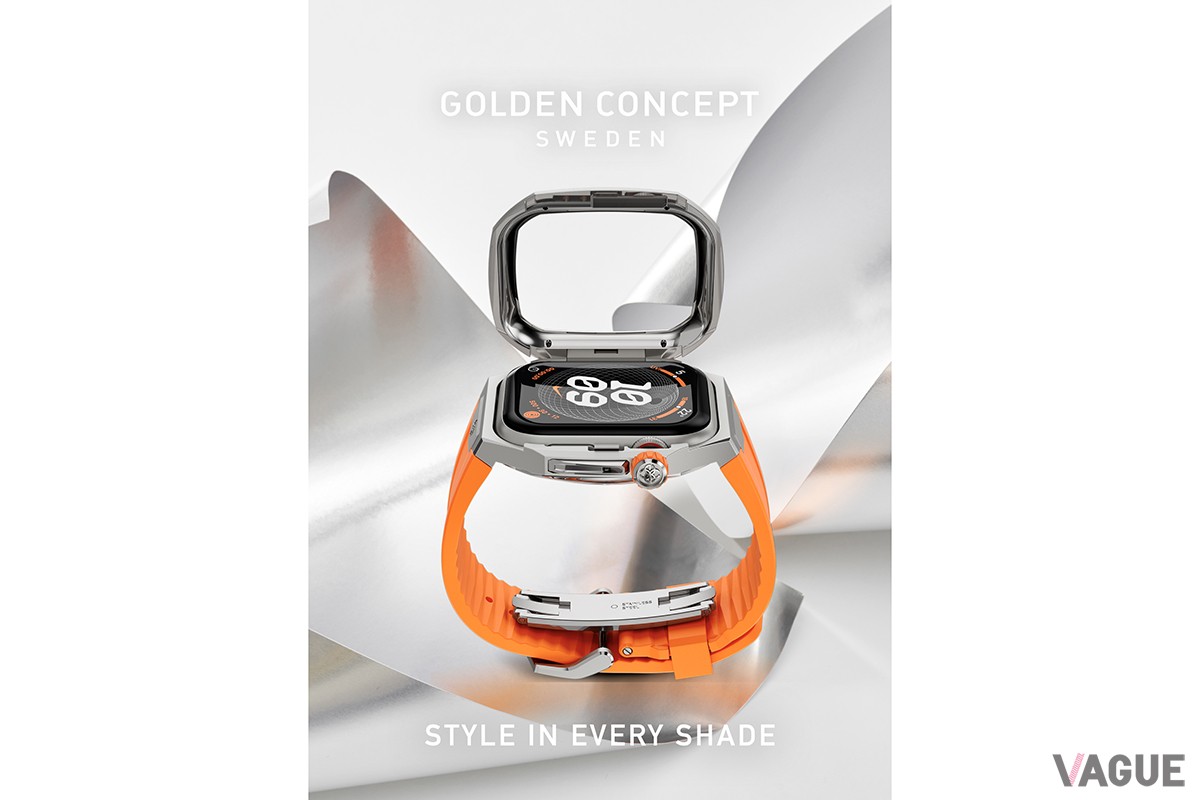 チタングレーにSUNSET ORANGEのストラップが映える。いずれのカラーもアップルウォッチ 9/8/7の41mm、45mmに対応する