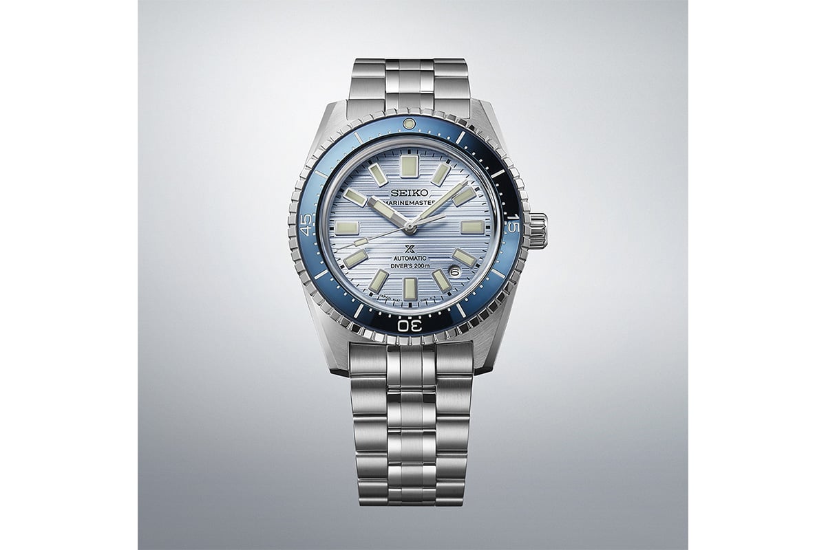 ポリッシュとヘアラインという二つの仕上げをさり気なく使い分けた立体感のある表情を見せる「マリンマスター 1965 メカニカルダイバーズ 現代デザイン」