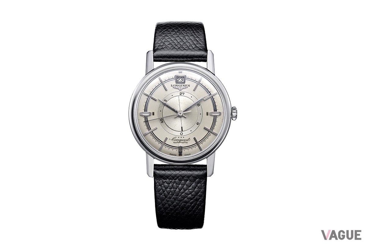 1959年発売の「コンクエスト パワーリザーブ Ref.9028」。画期的なパワーリザーブ インジケーターはメゾンが培ってきた回転ディスク技術の賜物