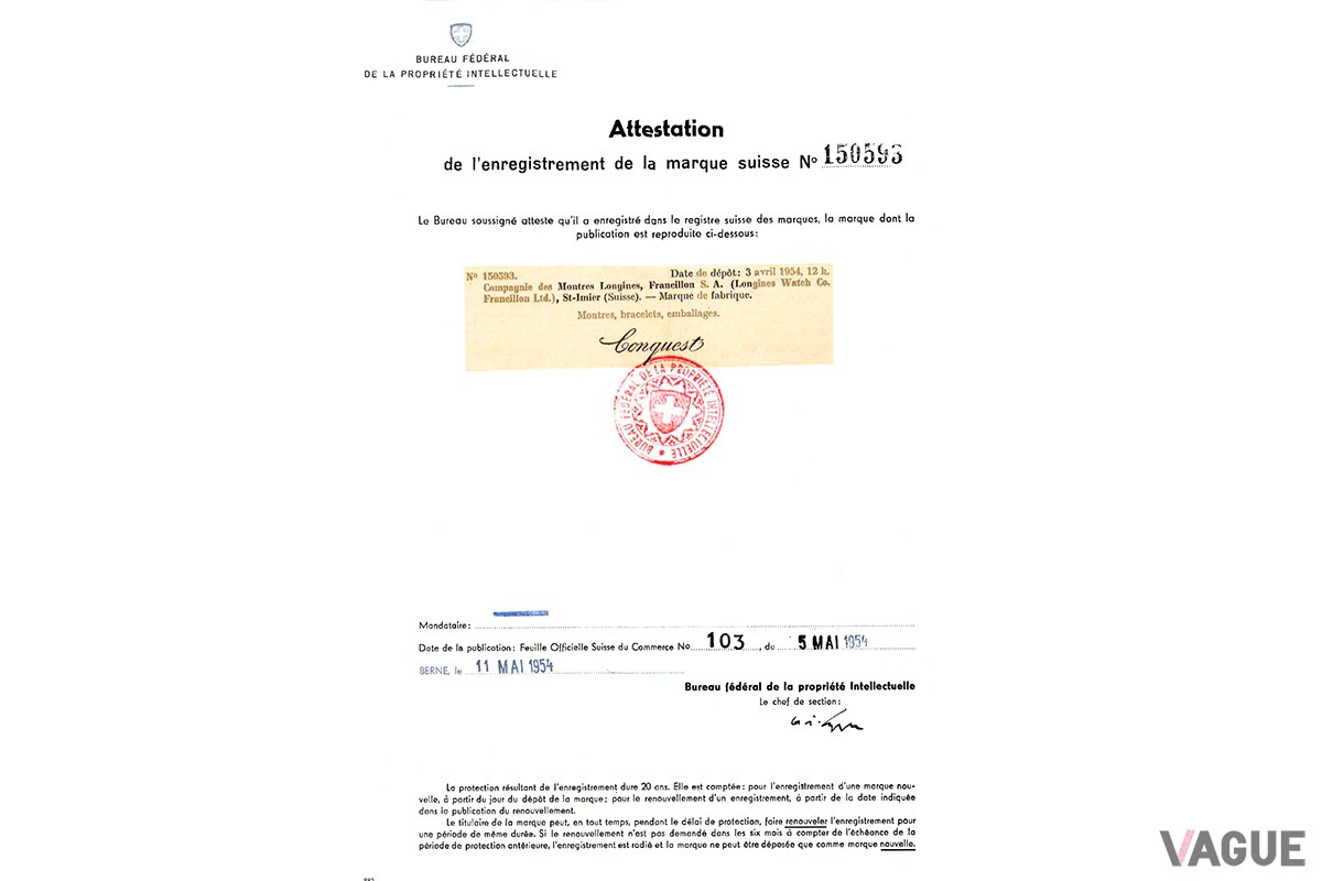 1954年にスイス・ベルンの Federal Intellectual Property Office（連邦特許庁）にて交付を受けた商標認証書。4月3日に申請、5月5日に申請が受理されたことがわかる