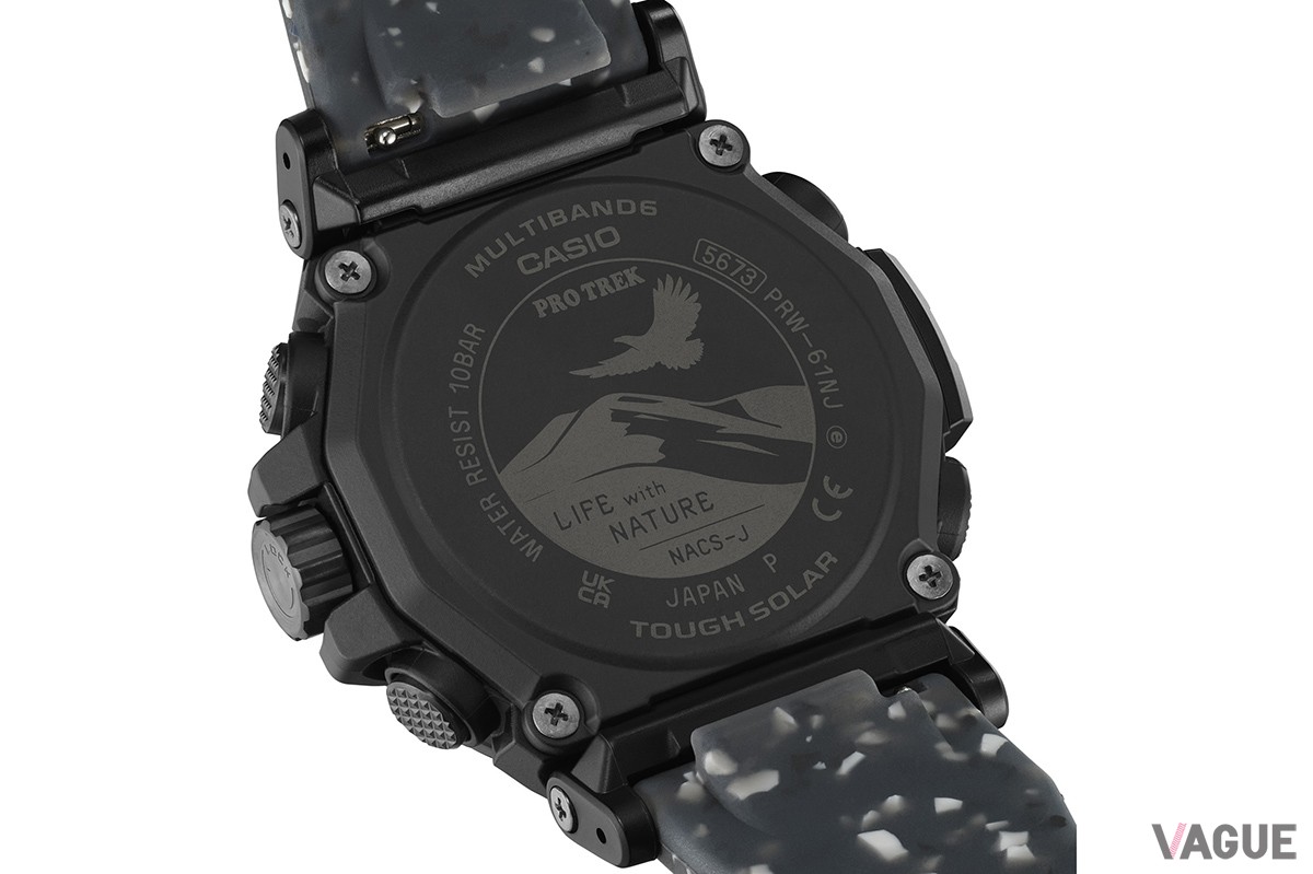 ノーマルのロゴマークと置き換わった裏蓋のスペシャルなグラフィック。悠々とイヌワシが飛翔する