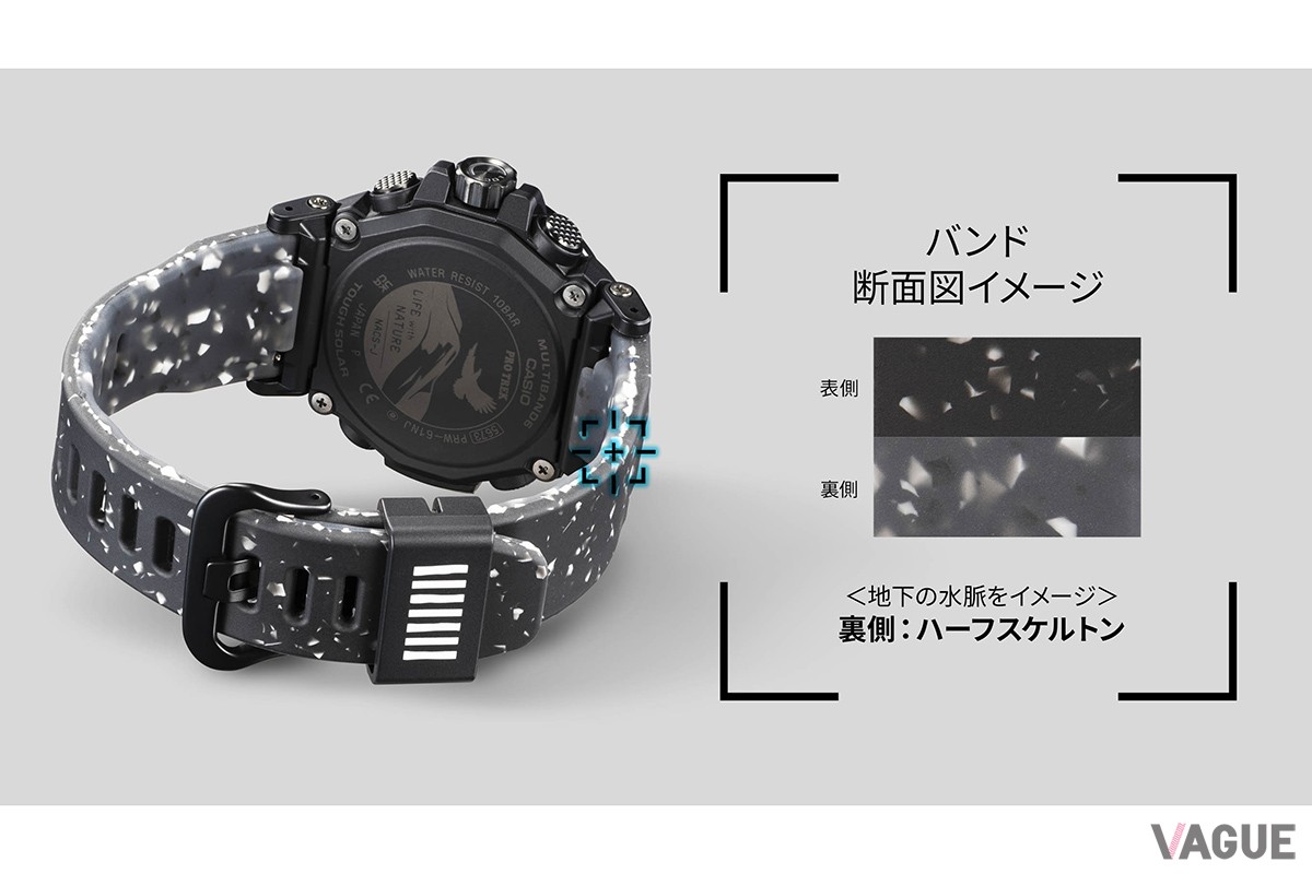 樹脂製品の製造工程で発生した端材をシリコーン材に練り込み混合成形。裏面はハーフスケルトンとした二層仕上げで地下から地表に流れる湧水をイメージ