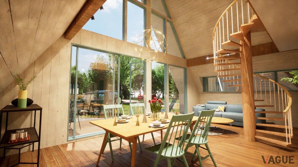 天井が高く開放的なグランピングコテージ