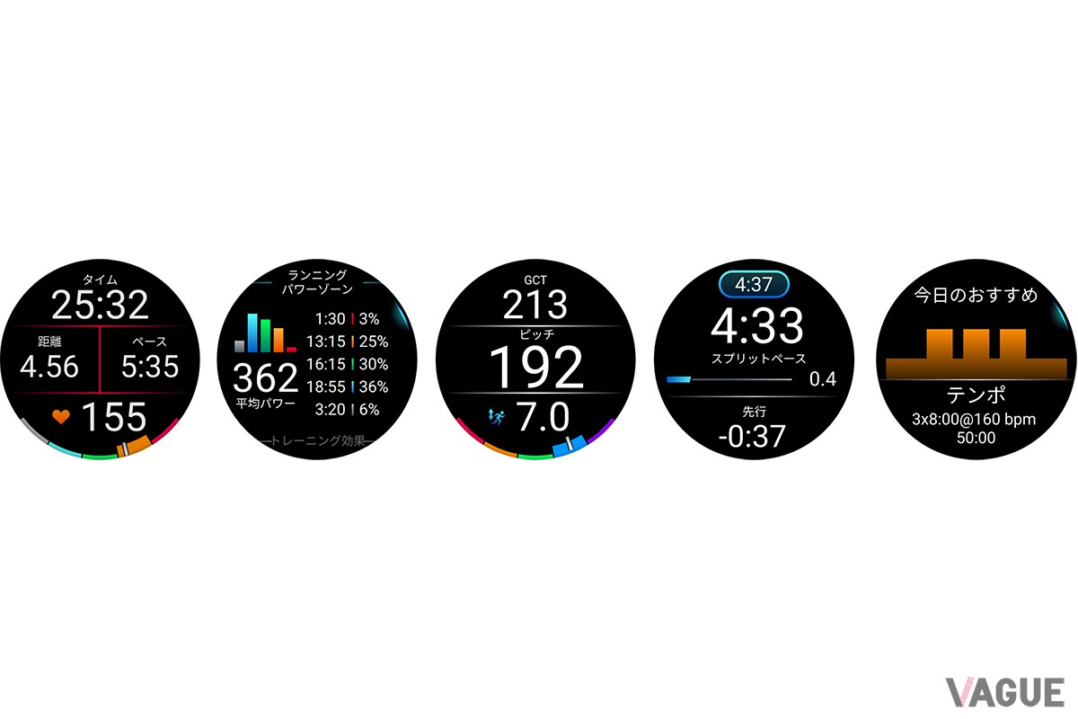 左から、ランニングデータ、ランニングパワー、ランニングダイナミクス、PacePro、おすすめワークアウト。数値で自分の走りを深掘りできる