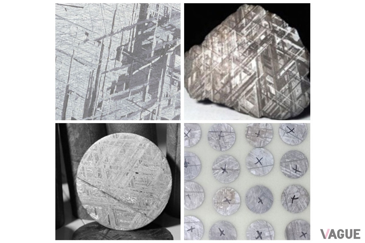 ダイヤルに使われるムオニオナルスタ隕石は1906年に北スカンジナビアで発見された希少な鉱物。独特の美しい結晶パターンが特徴的だ