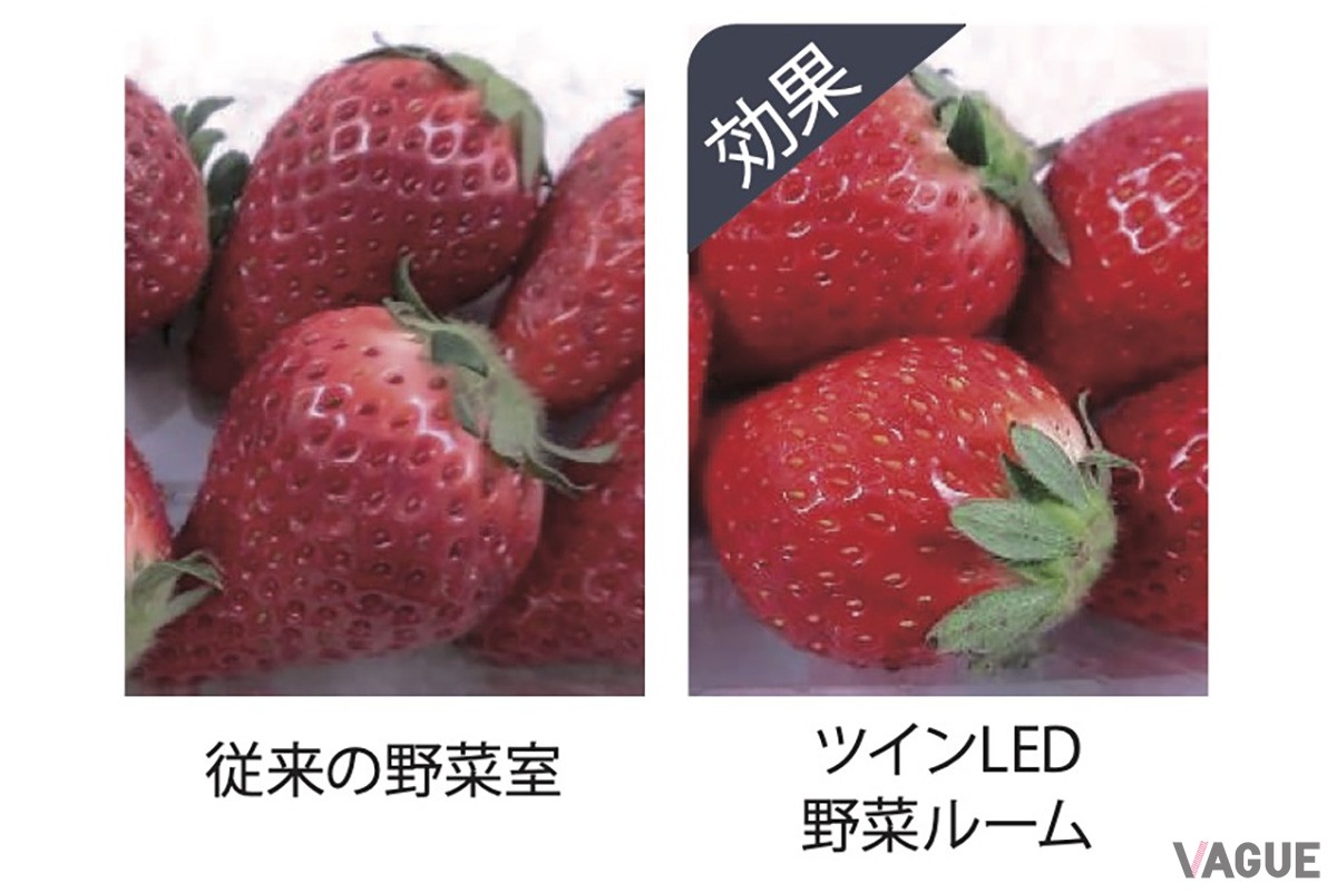 専用LEDライトが光合成やエチレンガスの発生を抑えて鮮度を保持。果物はみずみずしさをそのままキープ、じゃがいもの発芽なども抑えられる