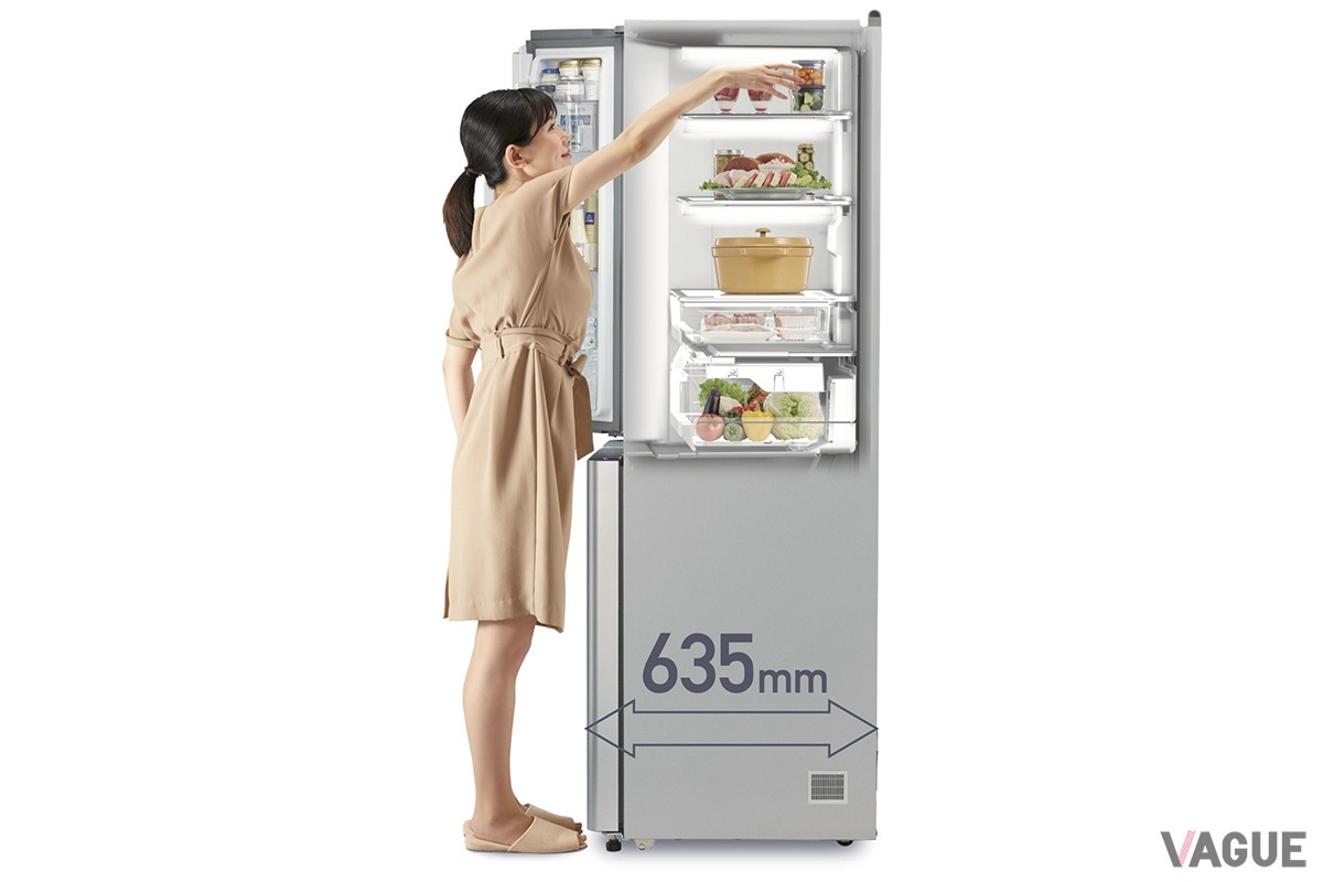 奥行は外形寸法で635mm、庫内奥行きは510mm。庫内を無駄なく使える薄型設計、キッチンでの動線が確保しやすいのもメリットのひとつ