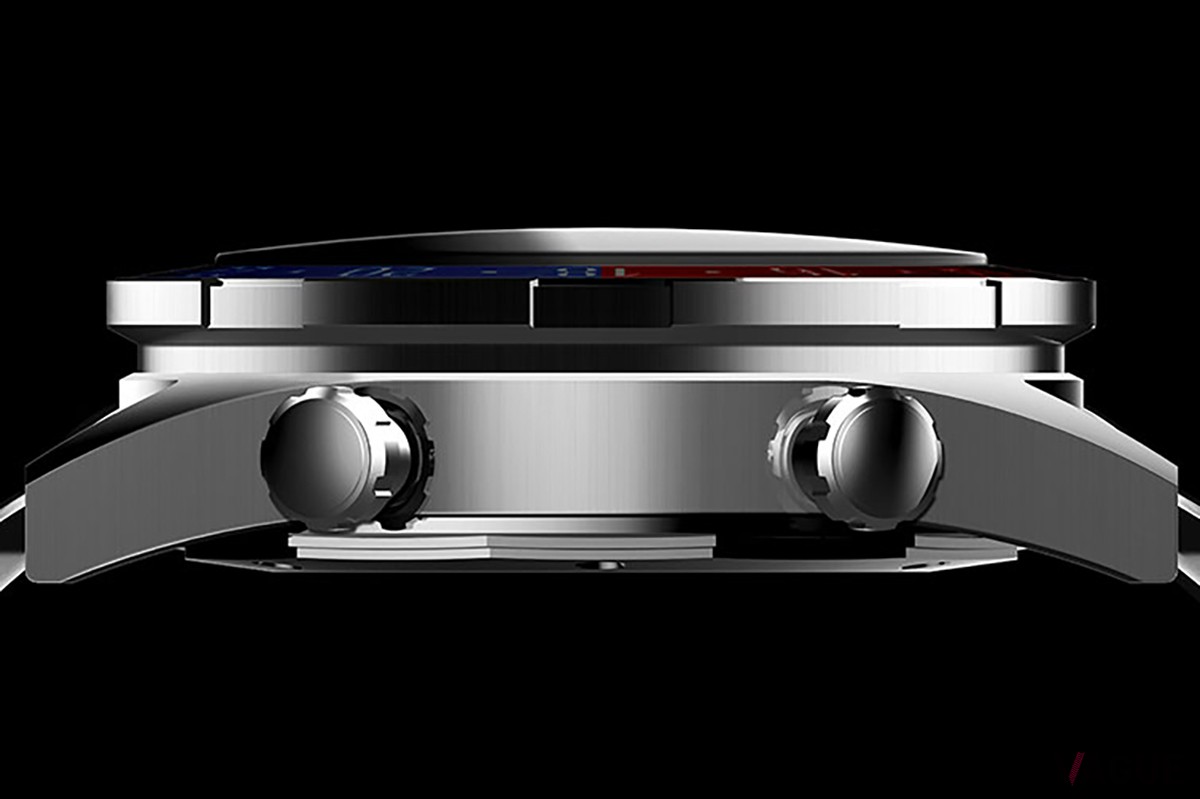 ケースとブレスレットとの一体感の高いデザイン。ケース左サイドにはGMT操作のプッシュボタンが。