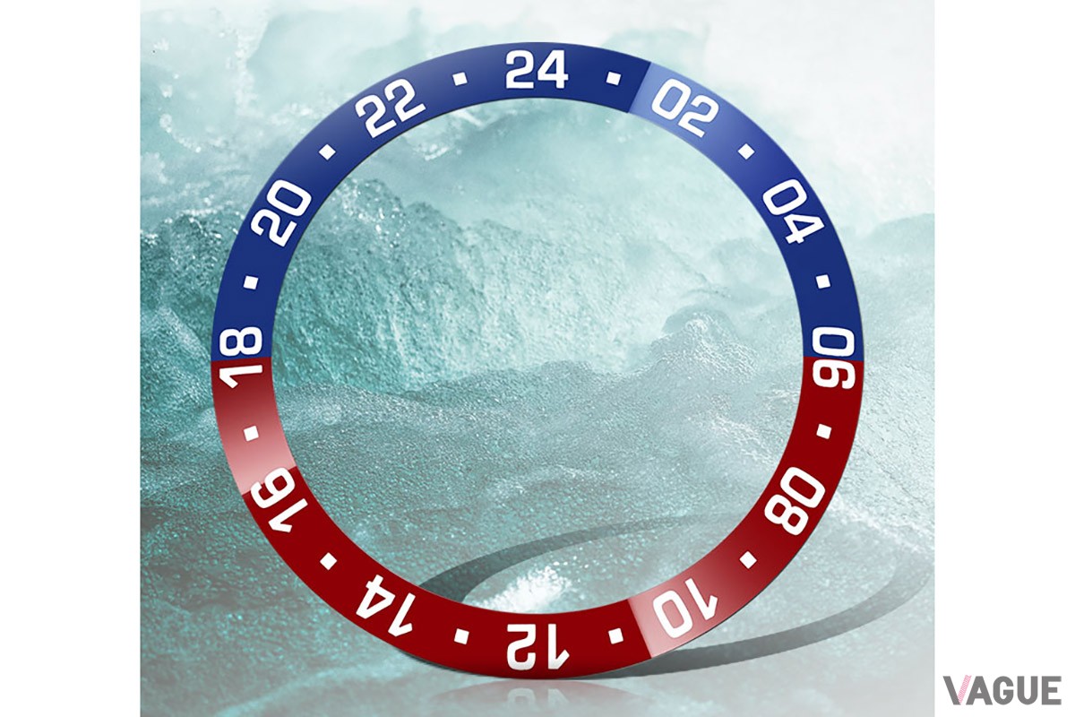 昼夜を鮮やかなレッド／ブルーで色分けしたセラミックトップベゼル。