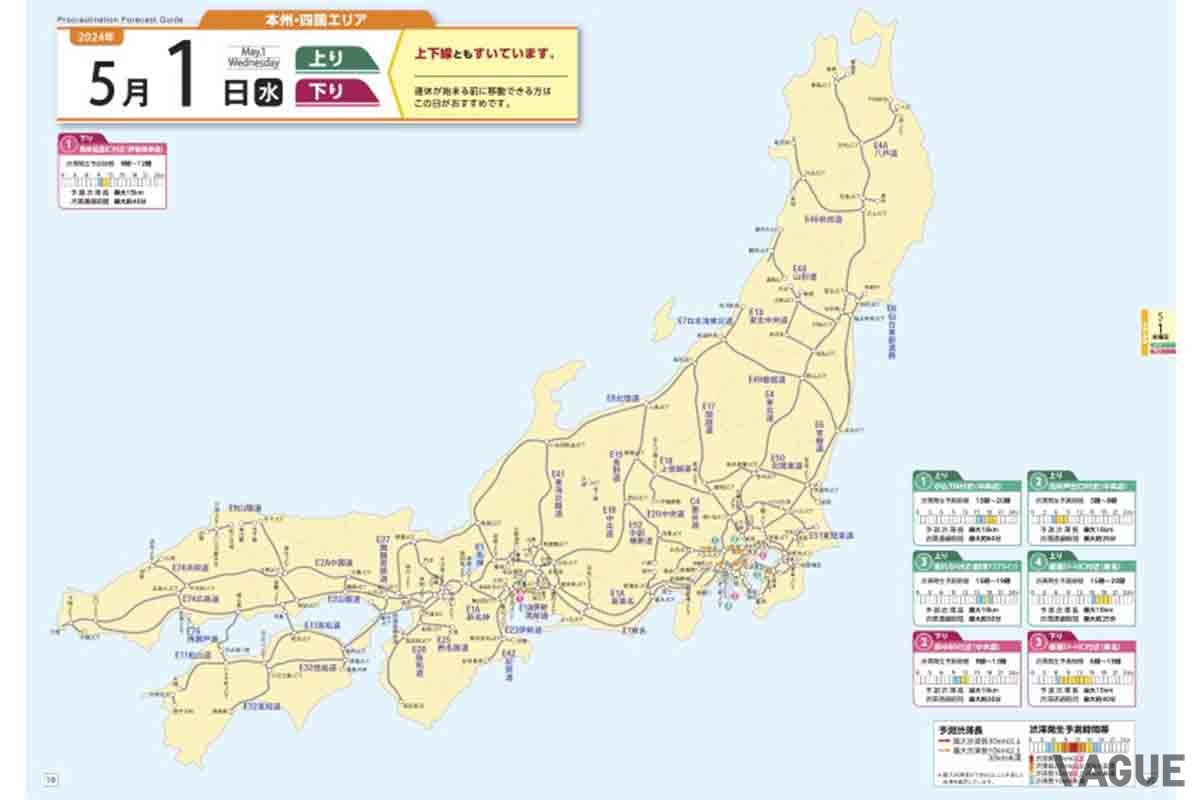 NEXCO各社では2024年GWの渋滞予測を発表している。ドライブに出かけるならそれを見て渋滞を避けたいところだ（写真はNEXCO中日本の渋滞予測ガイド）