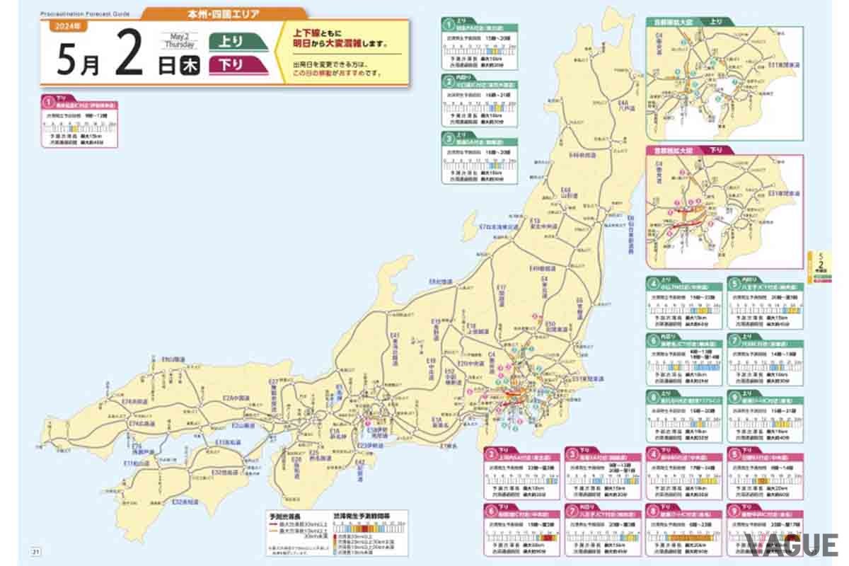 NEXCO各社では2024年GWの渋滞予測を発表している。ドライブに出かけるならそれを見て渋滞を避けたいところだ（写真はNEXCO中日本の渋滞予測ガイド）