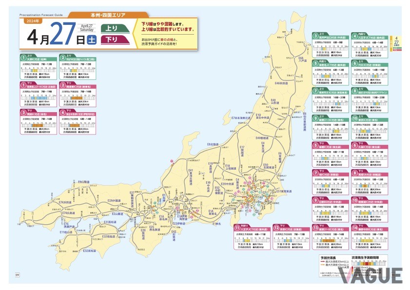 NEXCO各社では2024年GWの渋滞予測を発表している。ドライブに出かけるならそれを見て渋滞を避けたいところだ（写真はNEXCO中日本の渋滞予測ガイド）