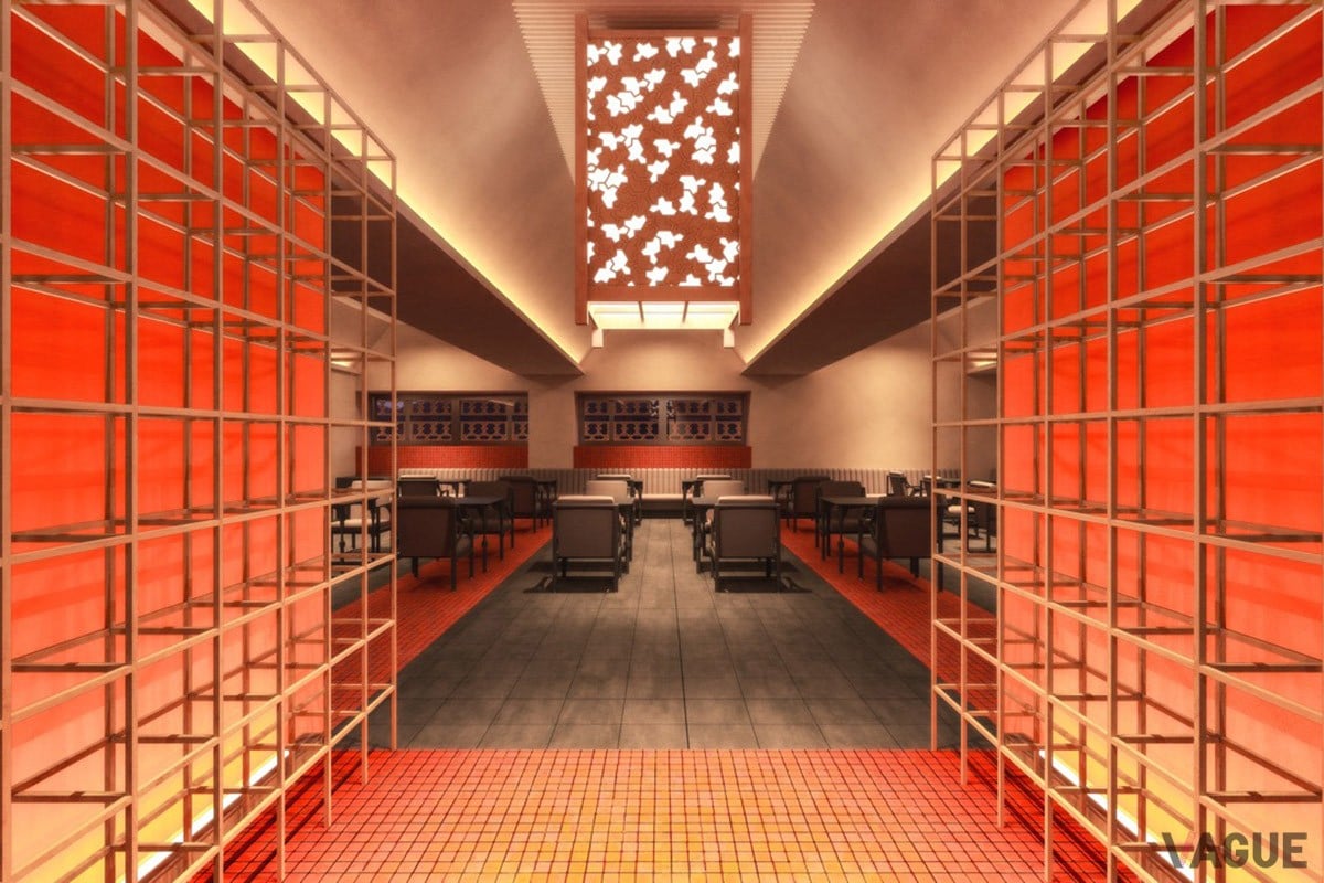 坂本家家紋をアレンジした格子越しに光が入る空間