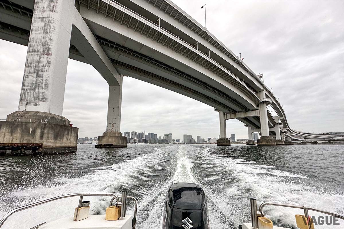運河を抜け、レインボーブリッジをくぐりポイントへ向かうWITH号。クルージングとしても単純に楽しくなってきました