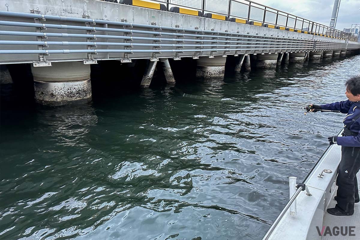 最初のポイントでは高見さんにキャスティングのレクチャーをしてもらいました。アンダーハンドで柱の隙間にルアーをプレゼンテーションする「穴撃ち」と呼ばれるテクニックは、難しいけどかなり楽しいです（修行します）