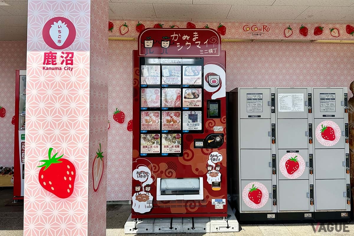 栃木県内の停車駅には地元名産の「しうまい」の自販機が鎮座。おなじみのイチゴと共にグイグイ推してきます（写真は新鹿沼駅前の様子）