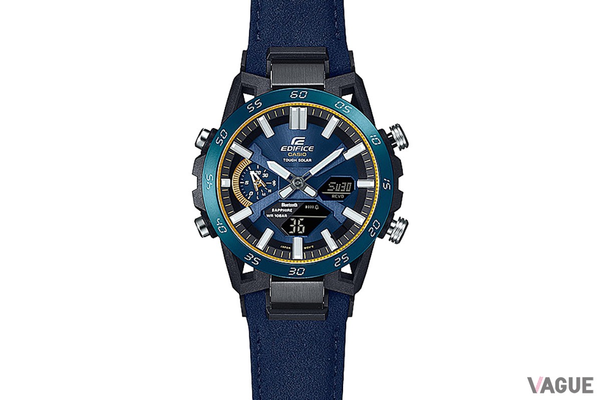 エディフィスのバンドはソフトタッチなメイド・イン・イタリーのブルーのアルカンターラ製バンド。