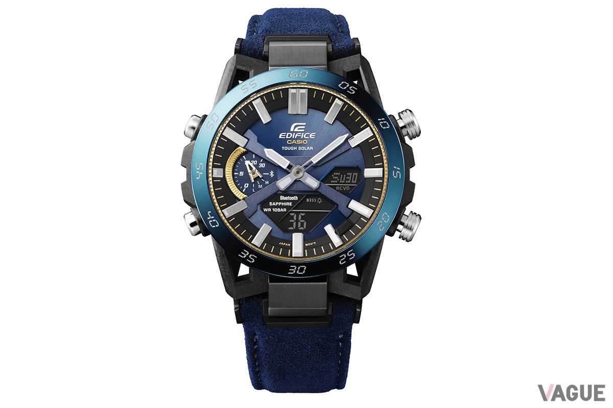 サスペンションアームデザインのエディフィス。ベゼルの文字はカシオトロンをオマージュした“セグメント表示”のデジタルフォント。