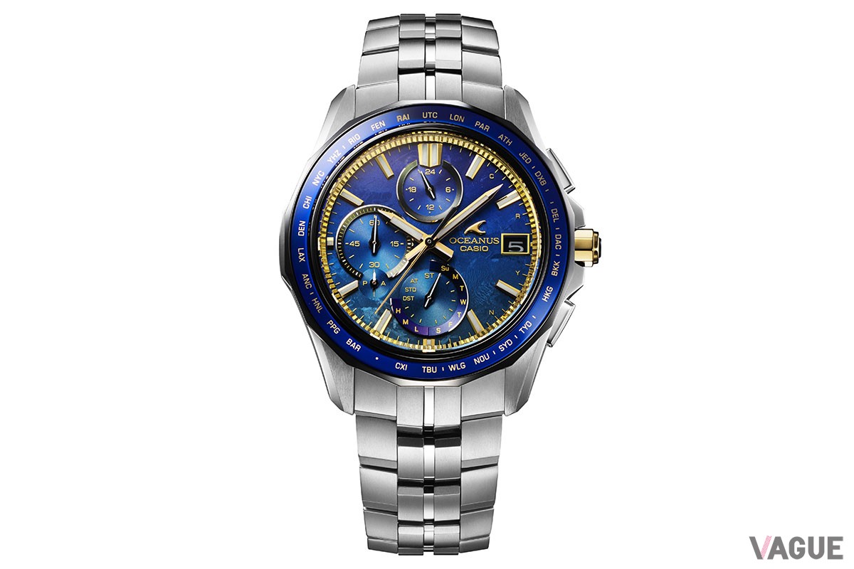 オシアナスは世界限定600本。ダイヤルは加熱処理で表面に結晶模様を施した再結晶チタン。