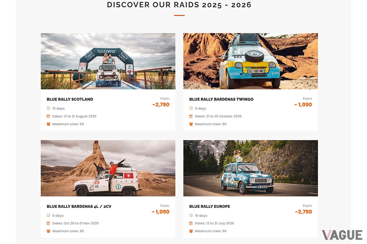 BLUE RALLYのWEBサイトで募集中のラリープログラム。初代「トゥインゴ」だけでなく「4」などでのラリーもおこなわれている（C）BLUE RALLY