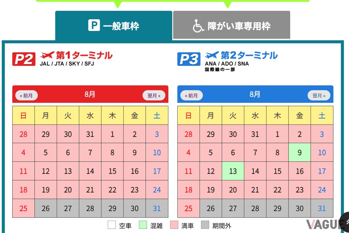 羽田空港駐車予約サービスのサイト。8月分はすべて満車となっている